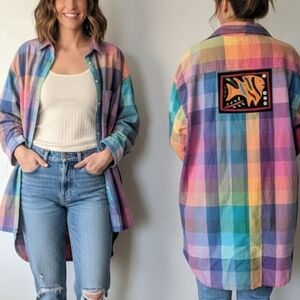VTG Crossroads MS San Antonio Rainbow Plaid Art-to-Wear Tunic Shirt L